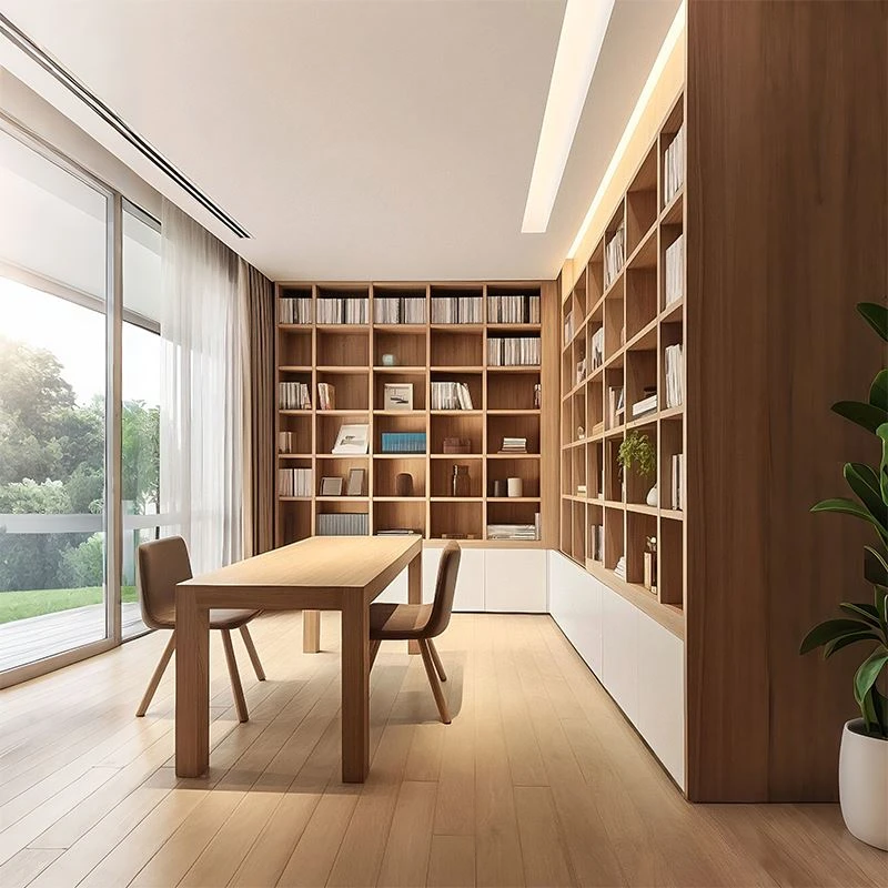 Japanese Style Home Library With Wood Shelves