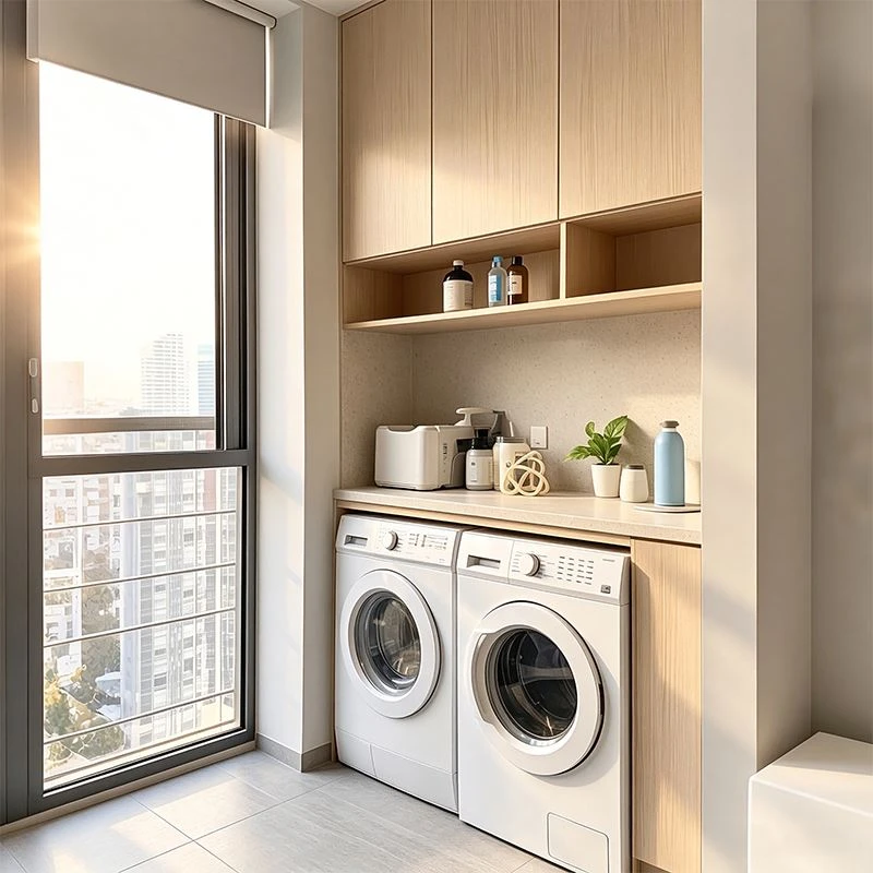 Light Oak Laundry Cabinet With Open Shelf