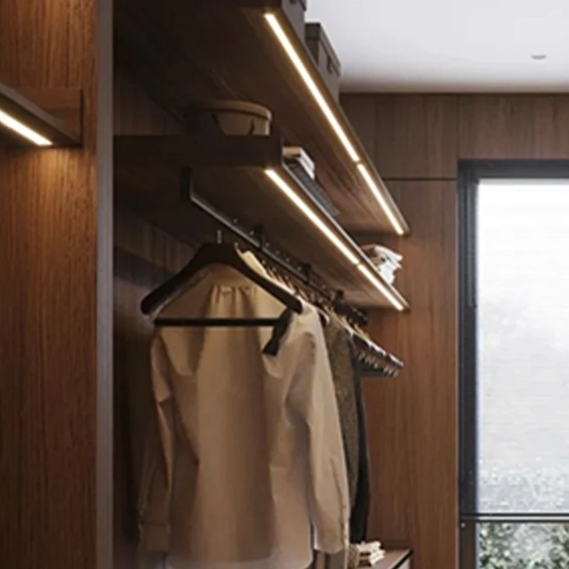 open walk-in closet dark walnut wood (2)