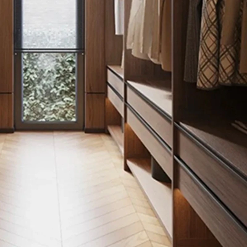 open walk-in closet dark walnut wood (4)