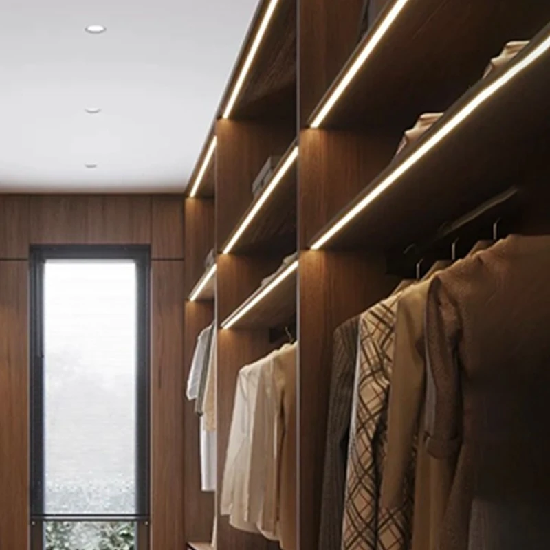 open walk-in closet dark walnut wood (5)