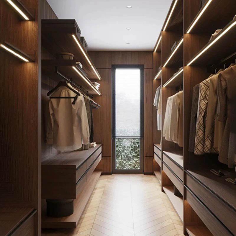 Open Walk-in Closet Dark Walnut Wood