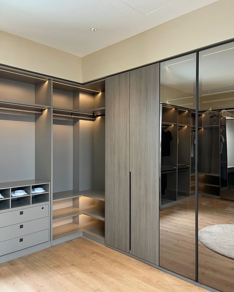 Italian minimalist latte beige and dark wood wardrobe001 Italian minimalist latte beige and dark wood wardrobe001
