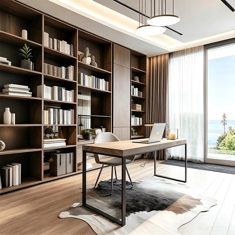 Wood floor-to-ceiling open bookshelf wall Wood floor-to-ceiling open bookshelf wall