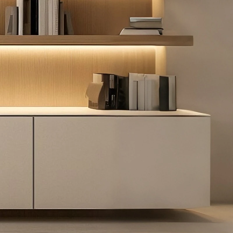 Warm white handleless bookshelf wall unit (3)