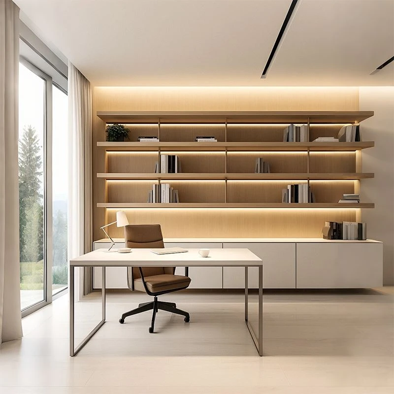 Warm White Handleless Bookshelf Wall Unit