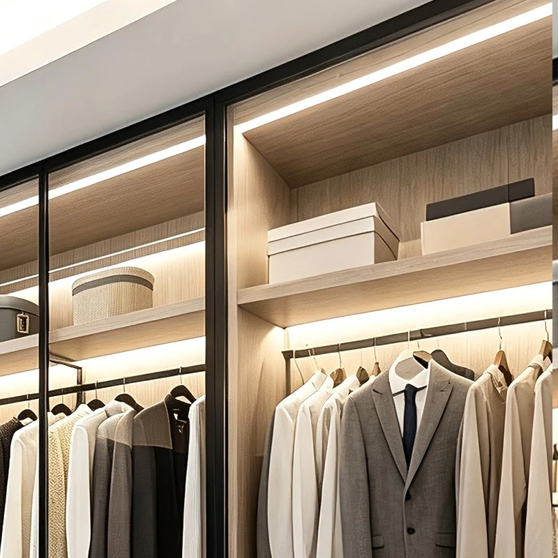 white walk-in closet with black-framed glass (3)