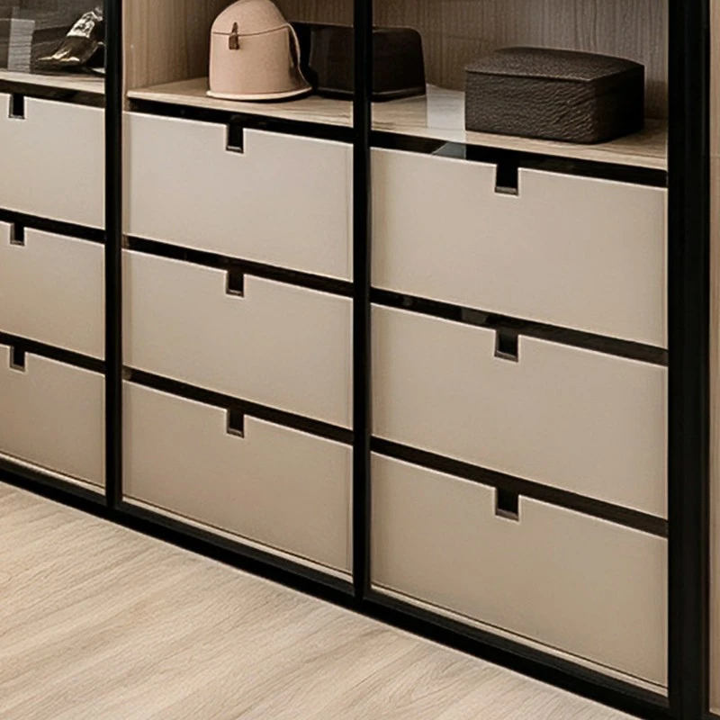 white walk-in closet with black-framed glass (5)