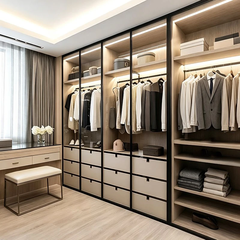 White Walk-in Closet With Black-framed Glass