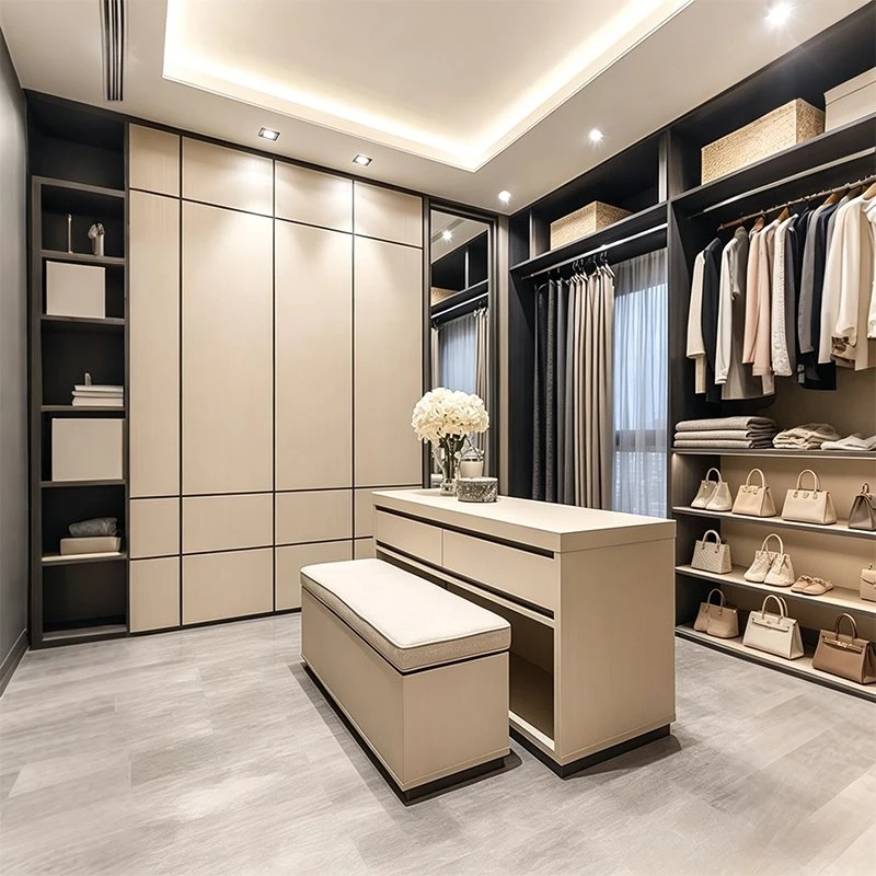 White Walk-in Closet With Center Island Dresser